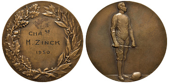 ФРАНЦИЯ СПОРТИВНАЯ МЕДАЛЬ 1950 ЗА ПОБЕДУ В ФЕХТОВАНИИ, ДИАМЕТР 50 ММ. ВЕС 61 ГР. бронза 00-00