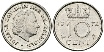Нидерланды 10 центов 1972 Юлиана (1948-1980) KM 182 никель 96-348