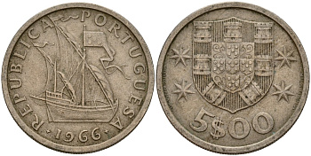 Португалия 5 эскудо 1966 парусник KM 591 медно-никель 4156-537