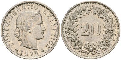 Швейцария 20 раппенов 1975 KM 29а медно-никель 4364-1425
