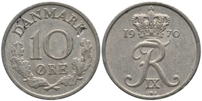 ДАНИЯ 10 ЭРЕ 1970 C; S, ФРЕДЕРИК IX (1947-1972) KM 841.3 медно-никель 116-229