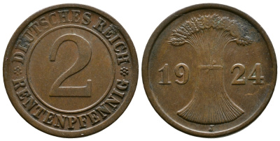 ГЕРМАНИЯ 2 РЕНТЕНПФЕННИГА 1924 J KM 31, J.307 бронза 86-1845