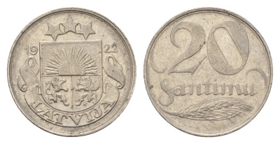Латвия 20 сантимов 1922 год-тип KM 5 никель 4655-825