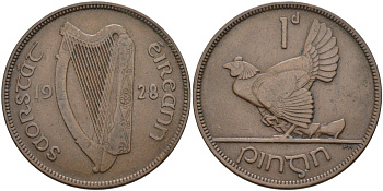 Ирландия 1 пенни 1928 курица с цыплятами KM 3 бронза 4593-443