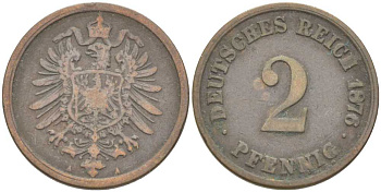ГЕРМАНИЯ 2 ПФЕННИГА 1876 A, СТАРОГЕРБОВКА KM 2, J. 2, Weege 3 медь 212-637