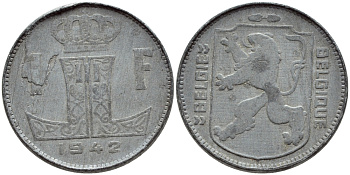 БЕЛЬГИЯ 1 ФРАНК 1942 BELGIE-BELGIQUE, ГЕРМАНСКАЯ ОККУПАЦИЯ, ВТОРАЯ МИРОВАЯ ВОЙНА KM 128 цинк 4388-1154