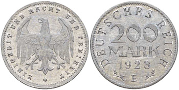 ГЕРМАНИЯ 200 МАРОК 1923 E KM 35, J. 304, Weege 22 алюминий 210-456