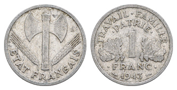 Франция 1 франк 1943 KM 902.1, Le Franc 222.2 алюминий 4641-1021