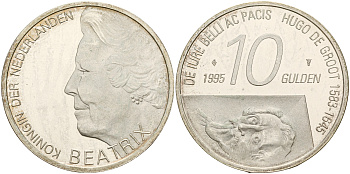 Нидерланды 10 гульденов 1995 300 лет со дня смерти Хьюго Грута, королева Беатрикс KM 220 серебро 1517-431