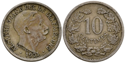 Люксембург 10 сантимов 1901 Адольф (1890-1905) KM 25 медно-никель 4602-421