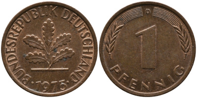 ФРГ 1 ПФЕННИГ 1975 D KM 105, J.380 сталь плакированная медью 96-1067