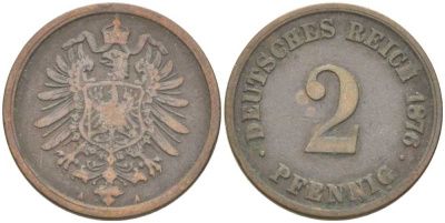 ГЕРМАНИЯ 2 ПФЕННИГА 1876 A, СТАРОГЕРБОВКА KM 2, J. 2, Weege 3 медь 212-637