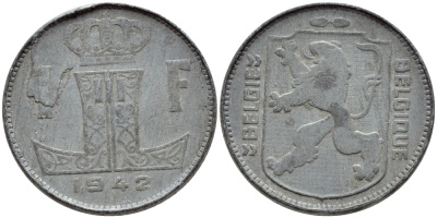 БЕЛЬГИЯ 1 ФРАНК 1942 BELGIE-BELGIQUE, ГЕРМАНСКАЯ ОККУПАЦИЯ, ВТОРАЯ МИРОВАЯ ВОЙНА KM 128 цинк 4388-1154