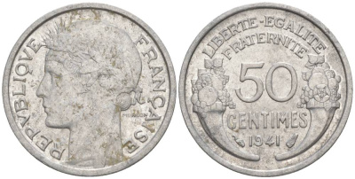 ФРАНЦИЯ 50 САНТИМОВ 1941 ТИП MORLON LOURDE KM 894.1a, LE FRANC 193.2 алюминий 44-317