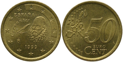 Испания 50 евроцентов 1999 M, Мигель де Сервантес KM 1045 нордик 4573-835