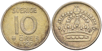 Швеция 10 эре 1959 Густав VI Адольф (1950-1973) KM 823 серебро 4147-921