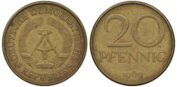 ГДР 20 пфеннигов 1969 А, первый год KM 11 латунь 62-944