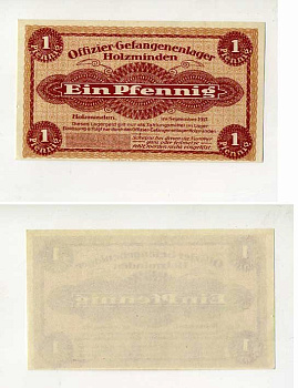 Германия 1 пфенниг 1917 Хольцминден (Брауншвейг), лагерь военнопленных офицеров C-3128, Tieste 385.01 бумага UNC (пресс) 504-67-2-1