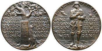 ГЕРМАНИЯ МЕДАЛЬ 1918 НА НОВЫЙ 1918 ГОД С ЦИТАТОЙ ВИЛЬГЕЛЬМА II: ВСЯ ЕВРОПА, ВЕСЬ МИР БУДЕТ НЕМЕЦКИМ, СОЛДАТ, ГЕНРИХ ГЕЙНЕ, ДУБ, ЦИТАТА, ГРАВЕР К. ГЕТЦ, 90 мм, 173,2 гр Kienast 201 бронза 6-3-1-21