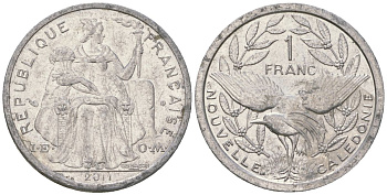 Французская Новая Каледония 1 франк 2011 птица кагу, (IEOM) KM 10, Schoen 10 алюминий 35-1422