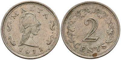 Мальта 2 цента 1972 Пентесилея, царица амазонок KM 9 медь цинк 4154-652