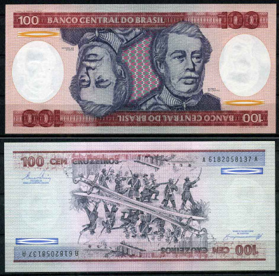 Бразилия 100 крузейро ND (1981-1984) серия А 6182, Герцог Каксиас Pick 198 b бумага UNC (пресс)   447-17-2