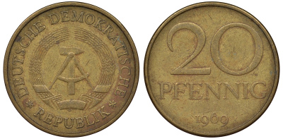 ГДР 20 пфеннигов 1969 А, первый год KM 11 латунь 62-944