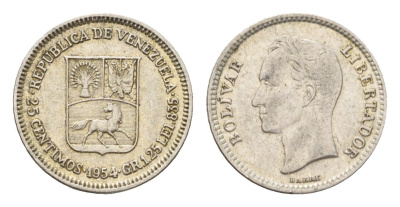 Венесуэла 25 сентимо 1954 Симон Боливар, год-тип Y 35 серебро 00-00