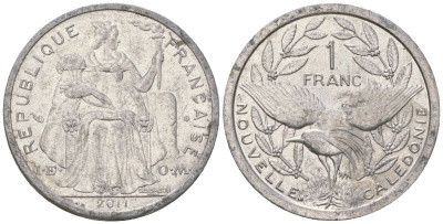 Французская Новая Каледония 1 франк 2011 птица кагу, (IEOM) KM 10, Schoen 10 алюминий 35-1422