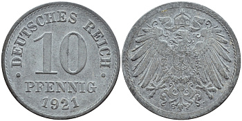 ГЕРМАНИЯ 10 ПФЕННИГОВ 1921 KM 26, J. 299 цинк 4395-1252
