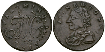 Великобритания, Мидлсекс 1 фартинг 1793 Исаак Ньютон Dalton & Hamer 1159, Atkins 2214 медь 1529-914