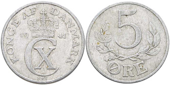 ДАНИЯ 5 ЭРЕ 1941 N ; S, КРИСТИАН X (1912-1947) KM 843 алюминий 180-1223