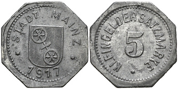 ГЕРМАНИЯ ГЕССЕН МАЙНЦ 5 ПФЕННИГОВ 1917 КЛЯЙНГЕЛЬД цинк 75-1624