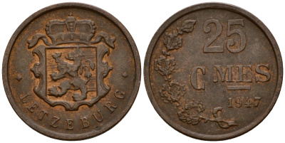 Люксембург 25 сантимов 1947 Шарлотта (1918-1964) KM 45 бронза 4532-647