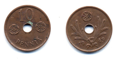 ФИНЛЯНДИЯ 10 ПЕННИ 1943 KM 33.1 медь 51-5025