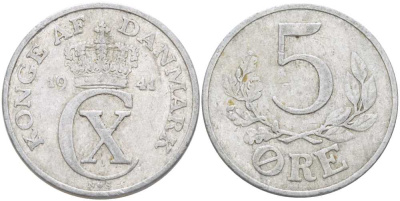 ДАНИЯ 5 ЭРЕ 1941 N ; S, КРИСТИАН X (1912-1947) KM 843 алюминий 180-1223