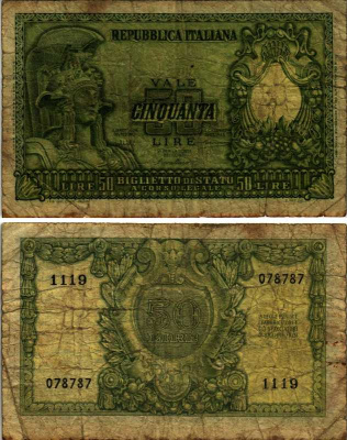 Италия 50 лир 1951 Афина Pick 91a бумага 7484-11-3-2