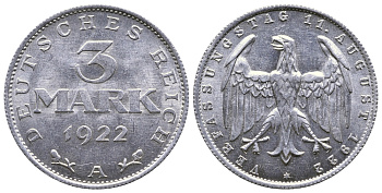 Германия 3 марки 1922 А, третья годовщина Веймарской Конституции KM 29, J. 303 алюминий 4380-746