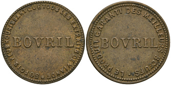 Англия жетон, токен ND BOVRIL, КОМПАНИЯ, ЛОНДОН-ПАРИЖ, В 50 РАЗ БОЛЬШЕ МЯСА, РЕКЛАМНЫЙ ТОКЕН КОНЦЕНТРАТА МЯСНОГО БУЛЬОНА, ДИАМЕТР 21,5 ММ. бронза 99-446