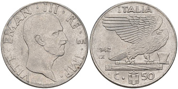 Италия 50 чентезимо 1942 R, Виктор Эммануил III (1900-1946), XX год KM 76b, VEM3. 1064 нержавеющая сталь 3853-417