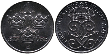 Швеция 1 эре 1950 Густав V (1907-1950) KM 810 железо 4387-547