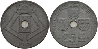 Бельгия 25 сантимов 1942 Belgique - Belgie, Леопольд III (1934-1947), германская оккупация, Вторая мировая война KM 131 цинк 4157-441