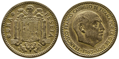 Испания 1 песета 1963 (64) Франсиско Франко (1939-1975) KM 775 алюминиевая бронза 93-357