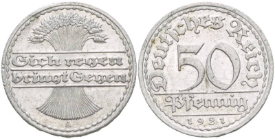 Германия 50 пфеннигов 1921 A KM 27, J.301, Weege 10 алюминий 4551-1224