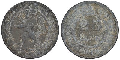 Бельгия 25 сантимов 1918 германская оккупация, первая мировая война KM 82 цинк 4121-537