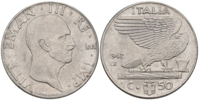 Италия 50 чентезимо 1942 R, Виктор Эммануил III (1900-1946), XX год KM 76b, VEM3. 1064 нержавеющая сталь 3853-417