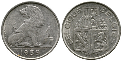 Бельгия 1 франк 1939 Леопольд III (1934-1950), Belgique-Belgie, лев KM 119 никель 179-954