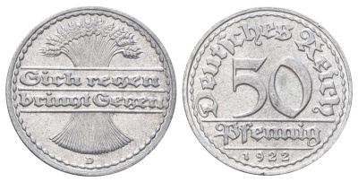 Германия 50 пфеннигов 1922 D KM 27, J. 301 алюминий aUNC 4700-1011
