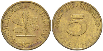 ФРГ 5 ПФЕННИГОВ 1974 J KM 107, J. 382 сталь плакированная латунью 4181-942