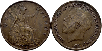 Великобритания 1 пенни 1921 Георг V (1910-1936) KM 810, Spink 4051 бронза 4389-742